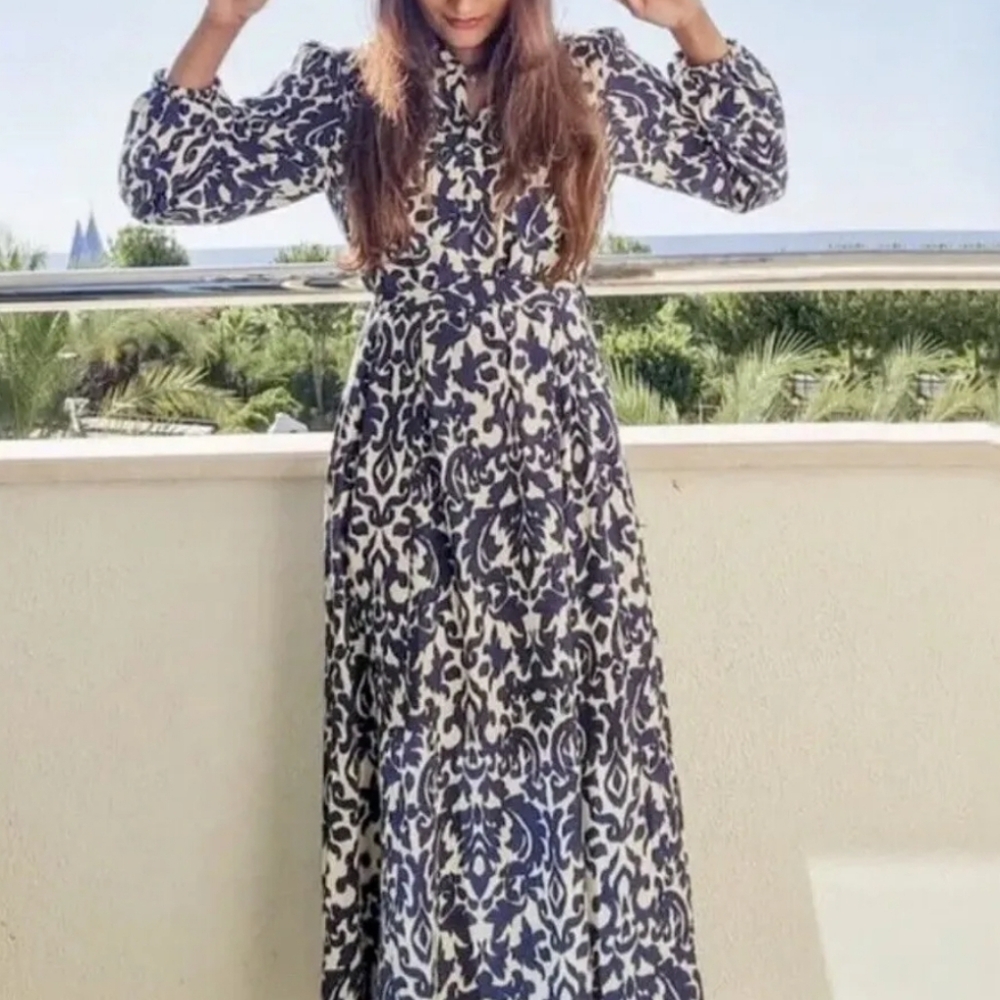 Zara Navy and White Printed Maxi Dress